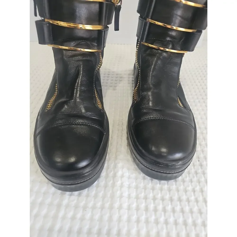 Giuseppe Zanotti Black Leather High Top Boot Sneakers Gold Zipper EU 43